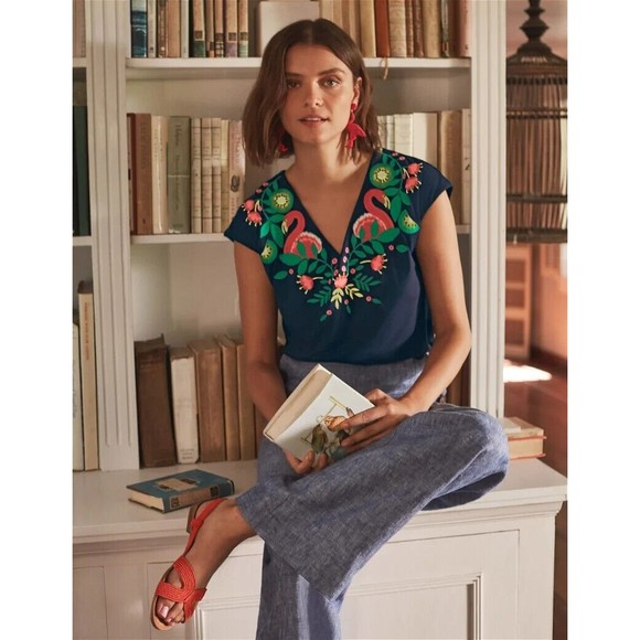 Boden Tops - Boden Marcia Festival Boho Flamingo Embroidered V Neck Top Size 6  Shirt Blue